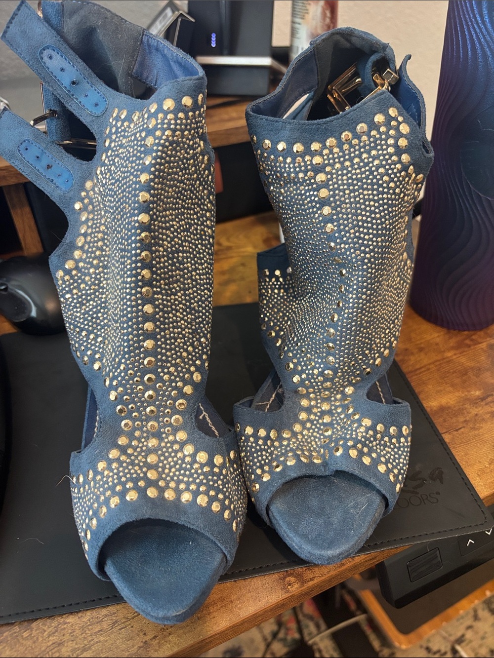 Studded Navy Blue Peep-Toe Women's Heels